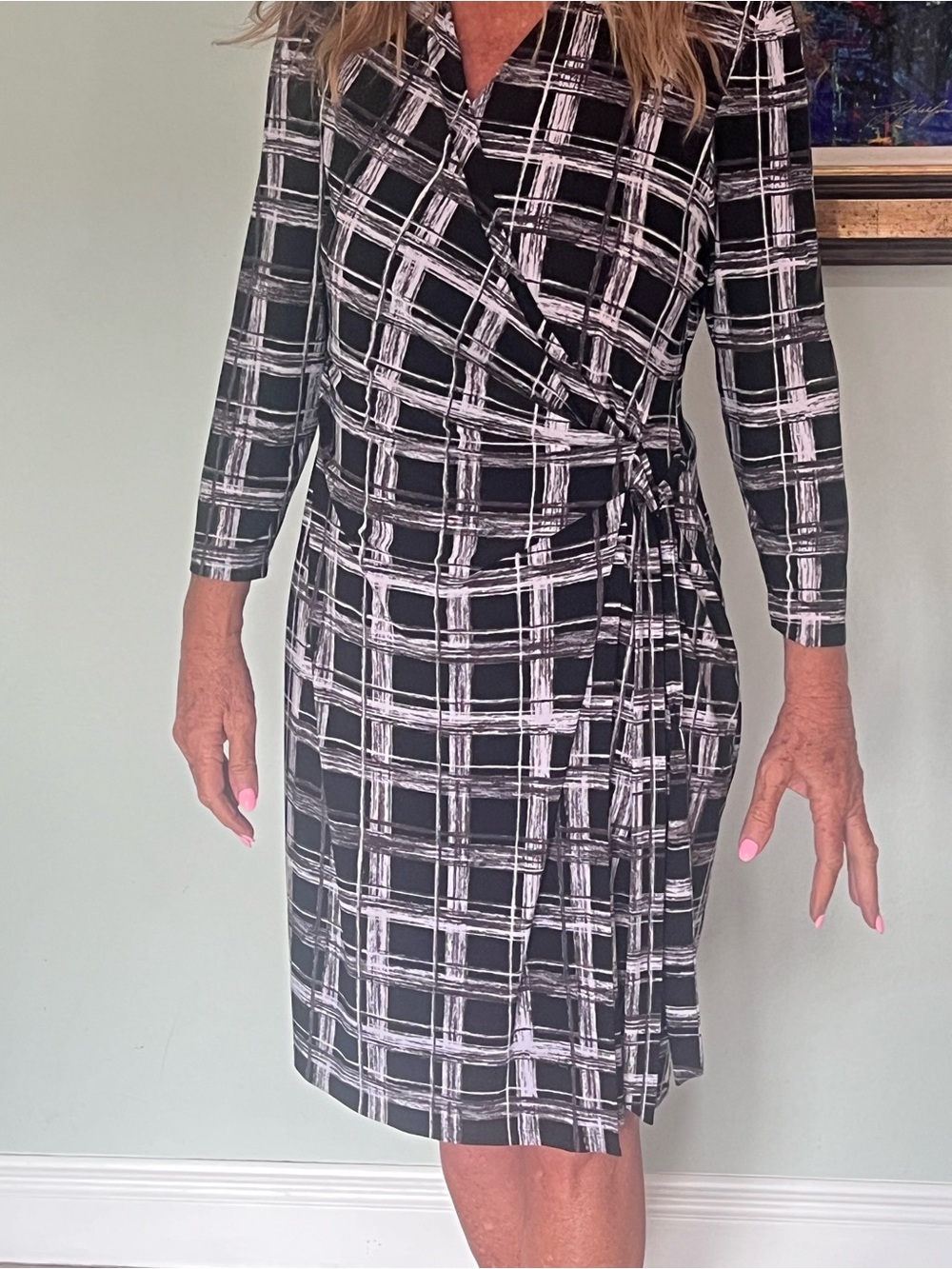 Women's Black & White Plaid Wrap Midi Dress with Side Tie